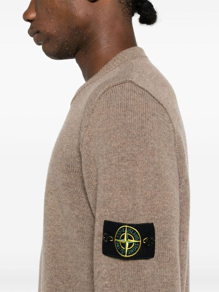 Shop Stone Island Beige Wool Crewneck Sweater With Logo Patch