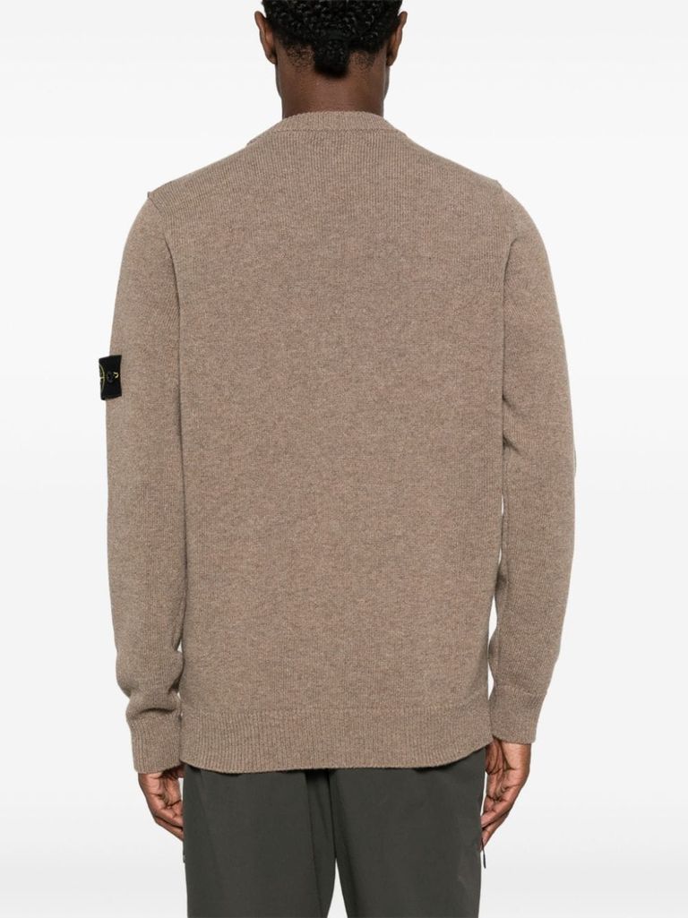 Shop Stone Island Beige Wool Crewneck Sweater With Logo Patch