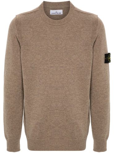 Maglione in lana beige girocollo con patch logo