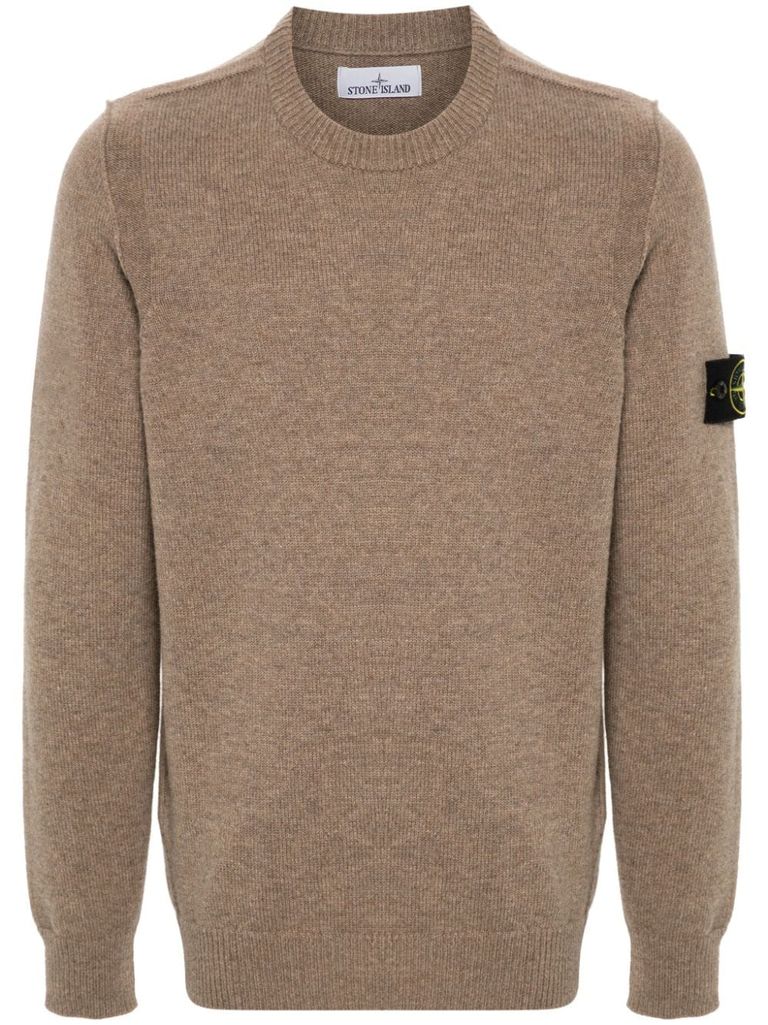 Shop Stone Island Beige Wool Crewneck Sweater With Logo Patch