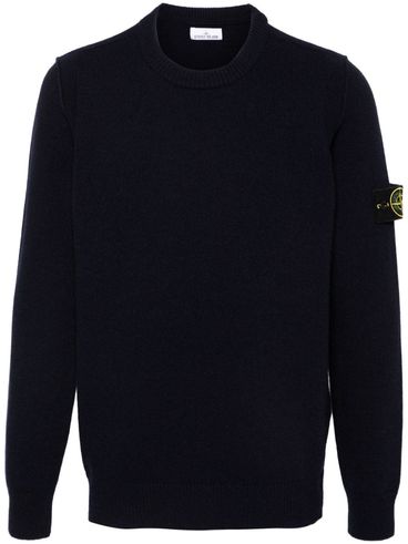 Blue Wool Crewneck Sweater with Logo Patch