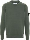 Green Wool Crewneck Sweater with Logo Patch