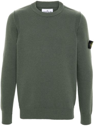 Green Wool Crewneck Sweater with Logo Patch