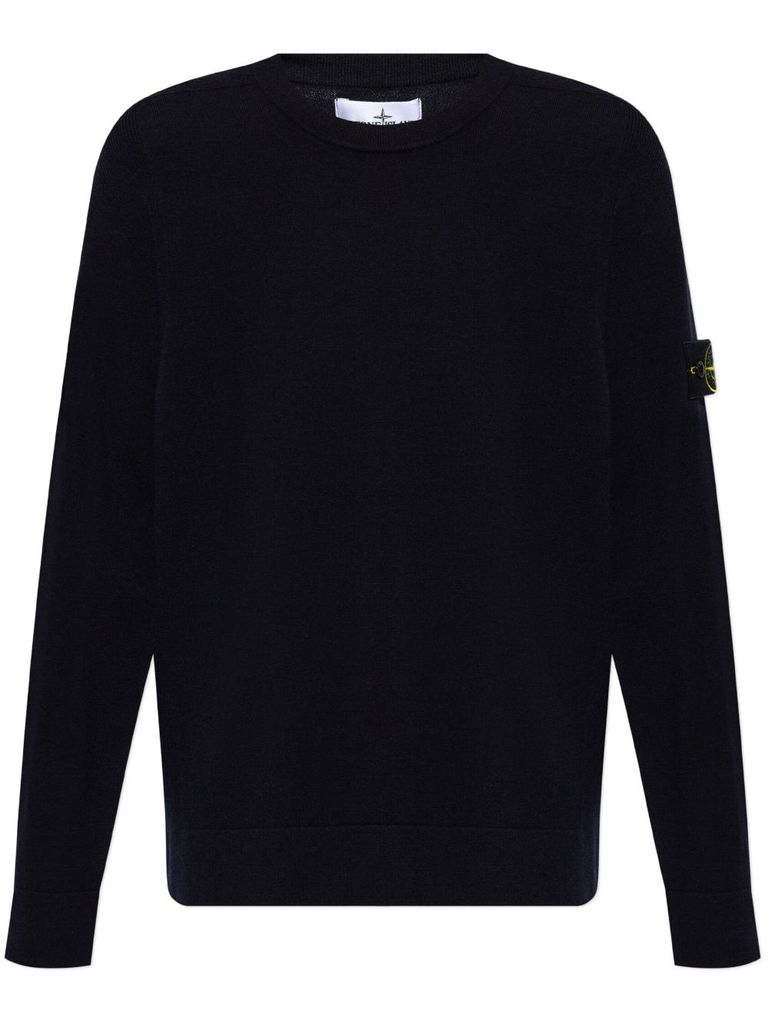 Shop Stone Island Virgin Wool Sweater With Compass Motif In Blu