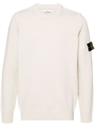 White Wool Crewneck Sweater with Logo Patch