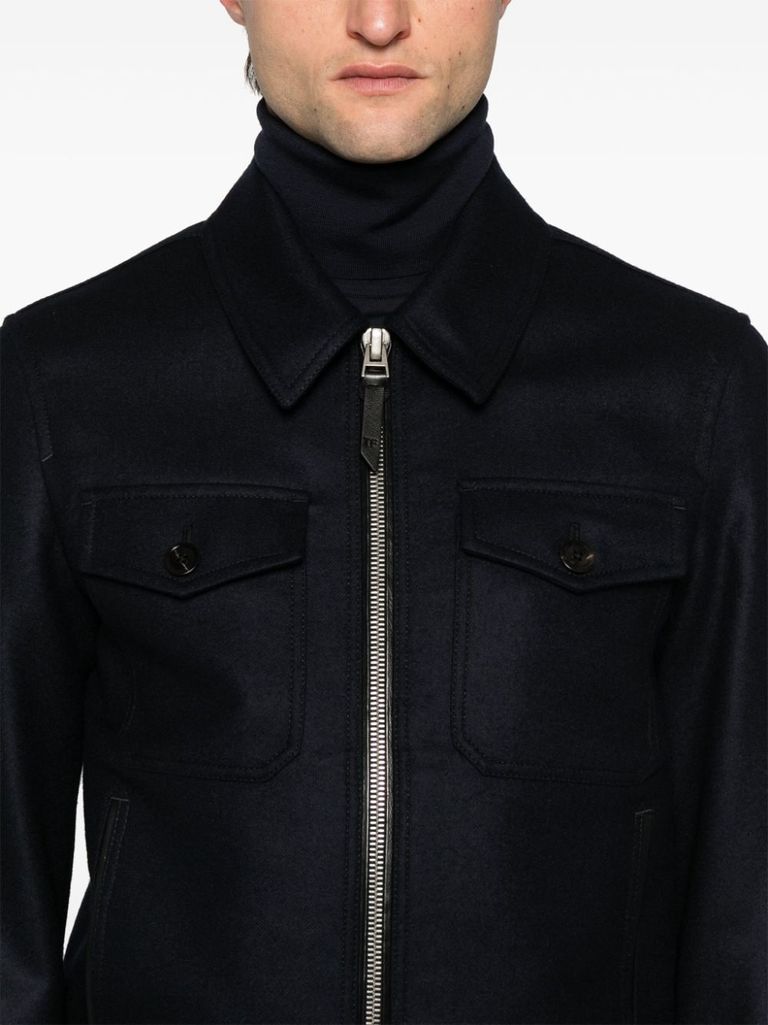 Shop Tom Ford Wool Shirt Jacket With Pockets In Blu