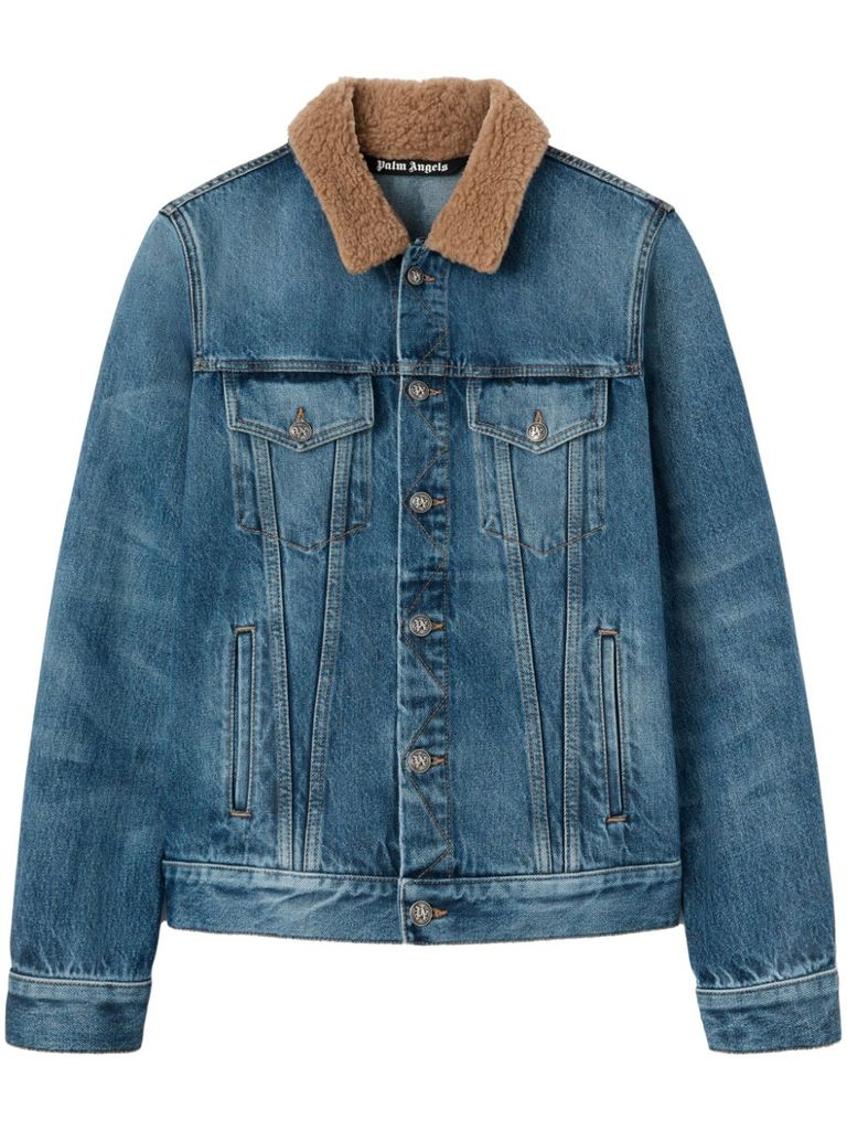 Shop Palm Angels Denim Jacket With Bear Print In Blue