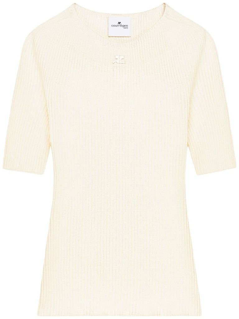 Shop Courrèges Cotton And Wool Solar Top With Embroidered Logo. In Beige