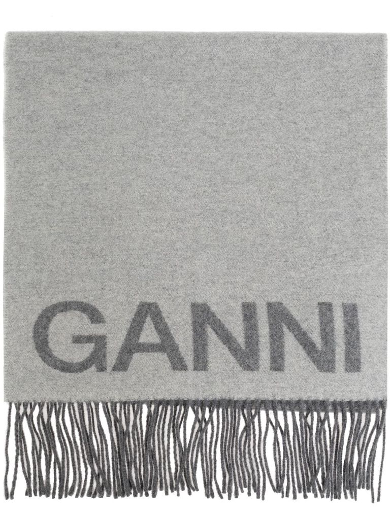 Shop Ganni Wool Scarf With Fringes In Grey