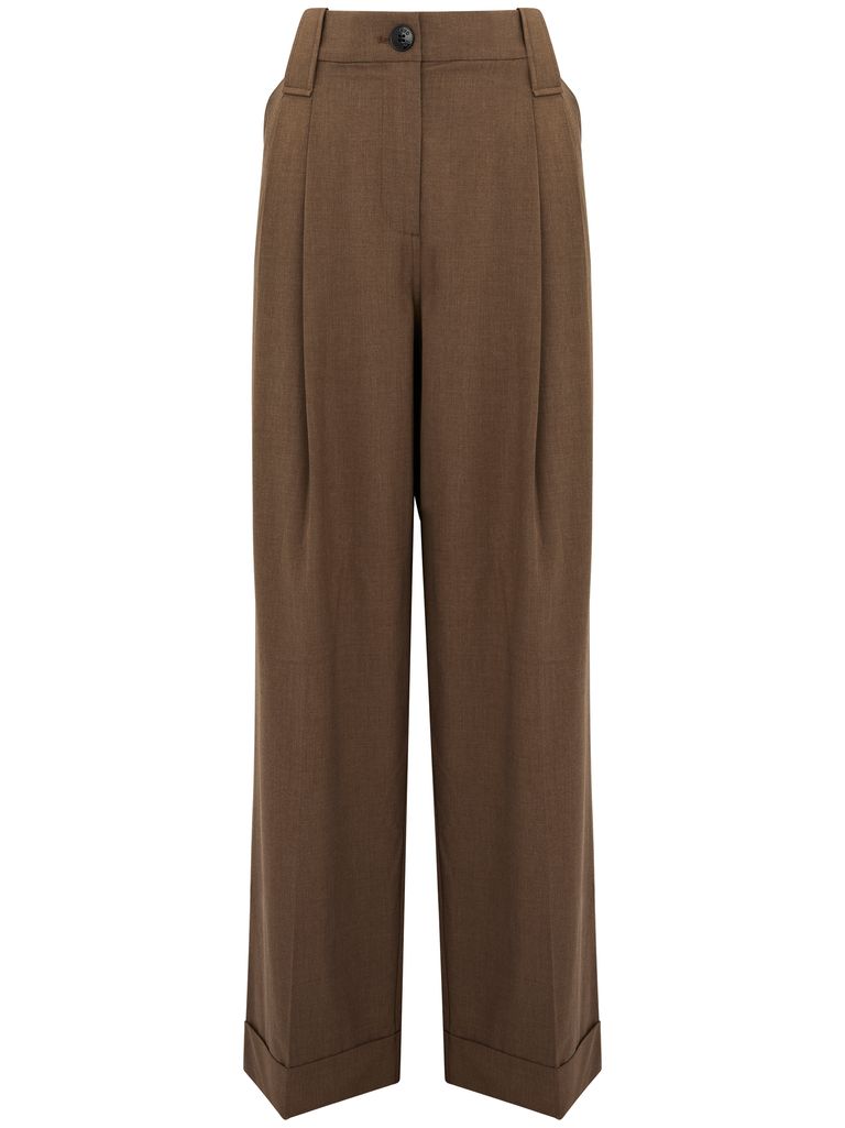 Shop Ganni Tapered Viscose Pants With Pleats In Brown