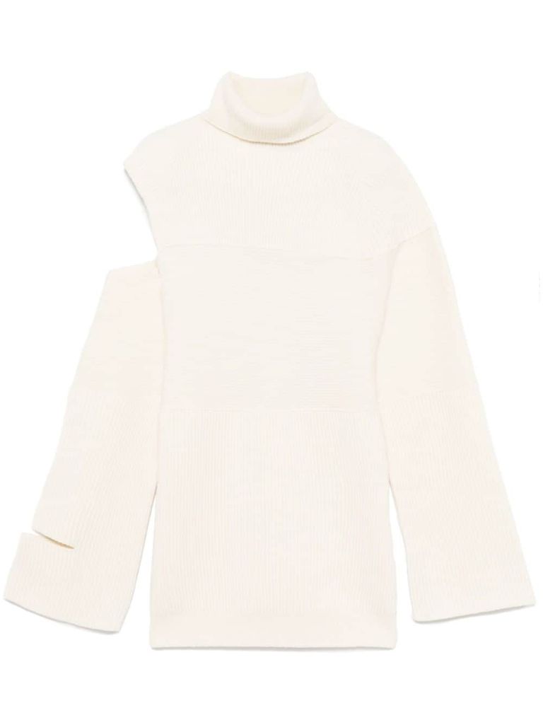 Shop Andreädamo Ribbed Wool Cut-out Sweater In Beige