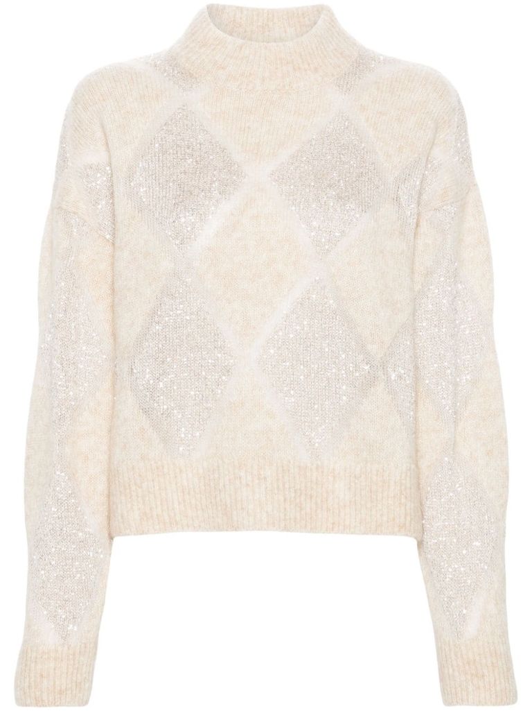 Shop Brunello Cucinelli Wool And Cashmere Sweater With Diamond Pattern In Beige