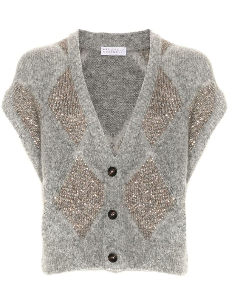 Shop Brunello Cucinelli Wool And Cashmere  Diamond-pattern Cardigan In Grey