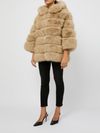 Beige fur coat with hood