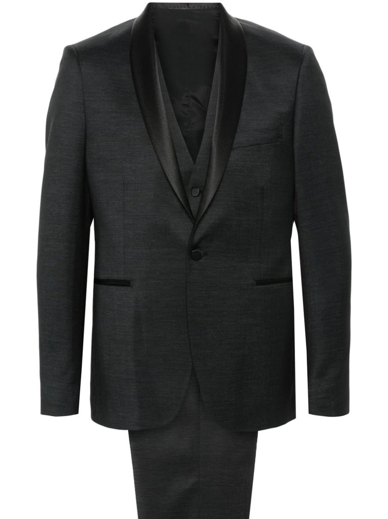 Shop Tagliatore Single-breasted Wool Blend Suit With Satin Lapels In Black