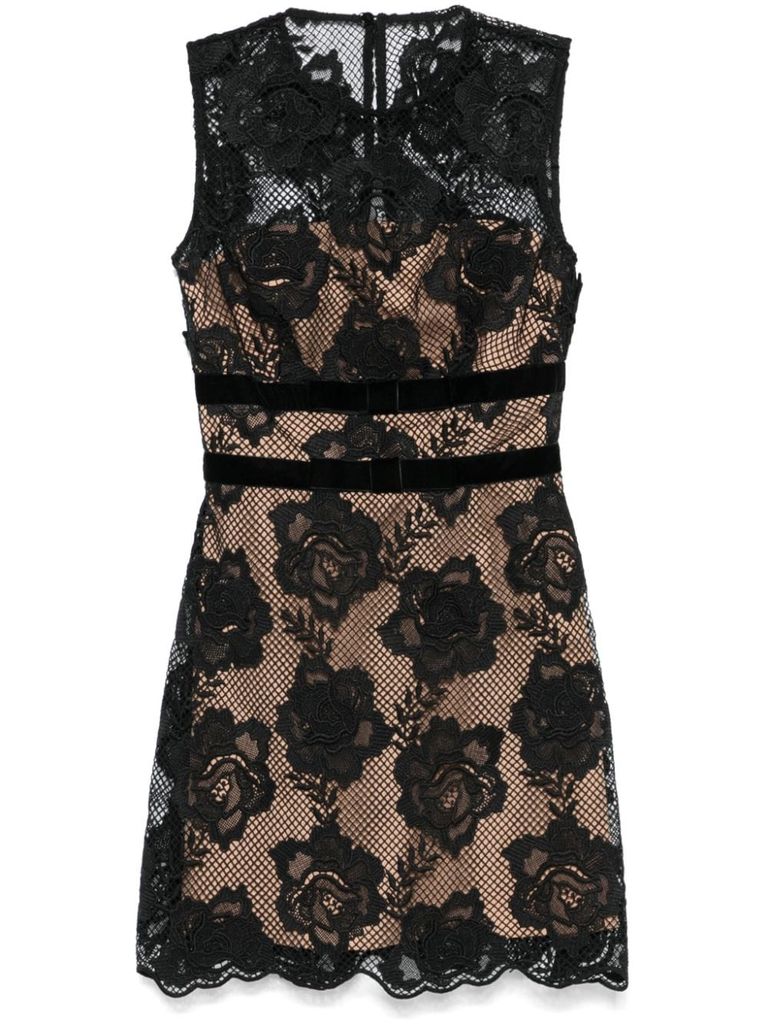 Shop Self-portrait Floral Lace Mini Dress In Black