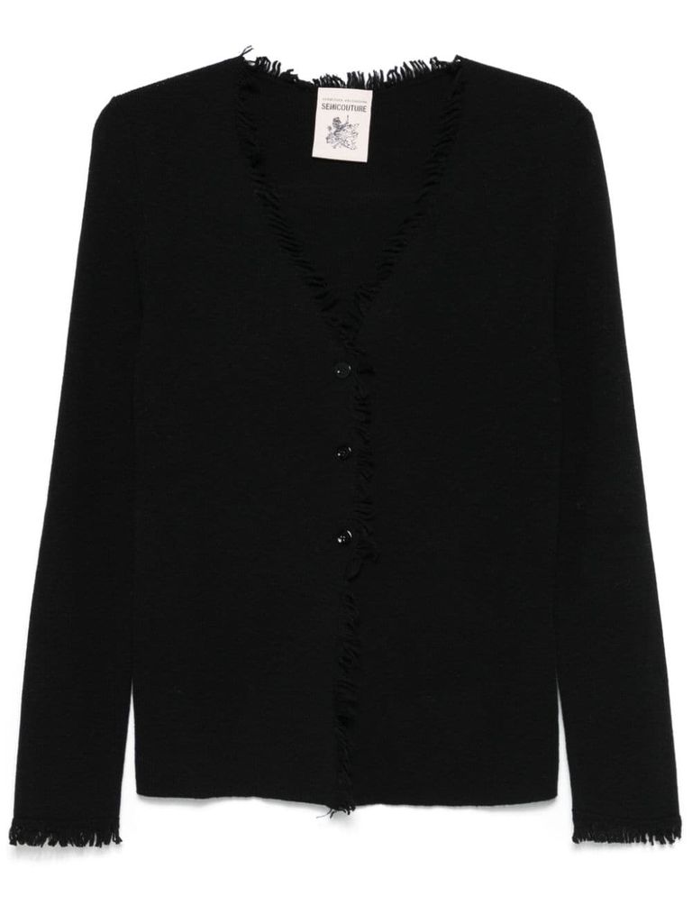 Shop Semi-couture Wool Blend Sophie Cardigan With Fringes In Black