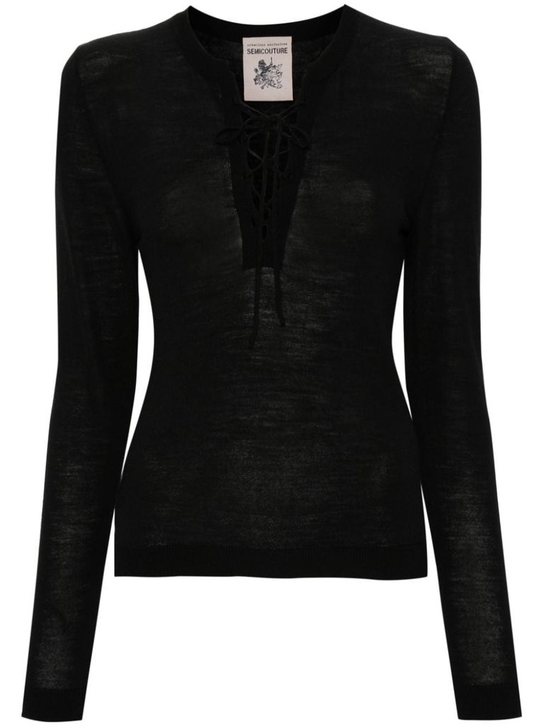 Shop Semi-couture Wool Edith Sweater With Laces In Black