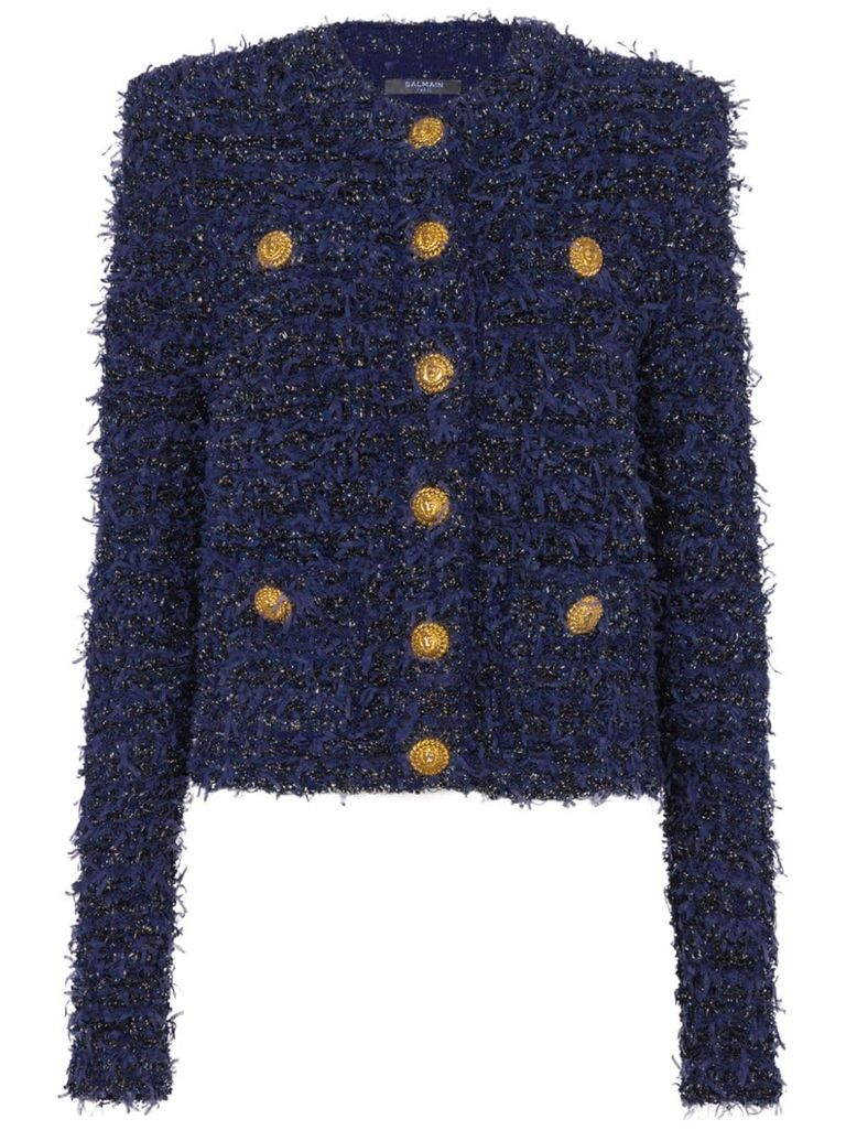 Shop Balmain Tweed Jacket With Pockets In Blue