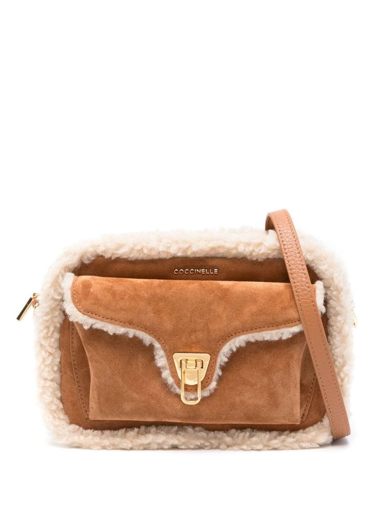 Shop Coccinelle Calf Leather Beat Crossbody Bag In Beige