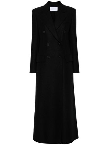 Long wool coat with shoulder pads.