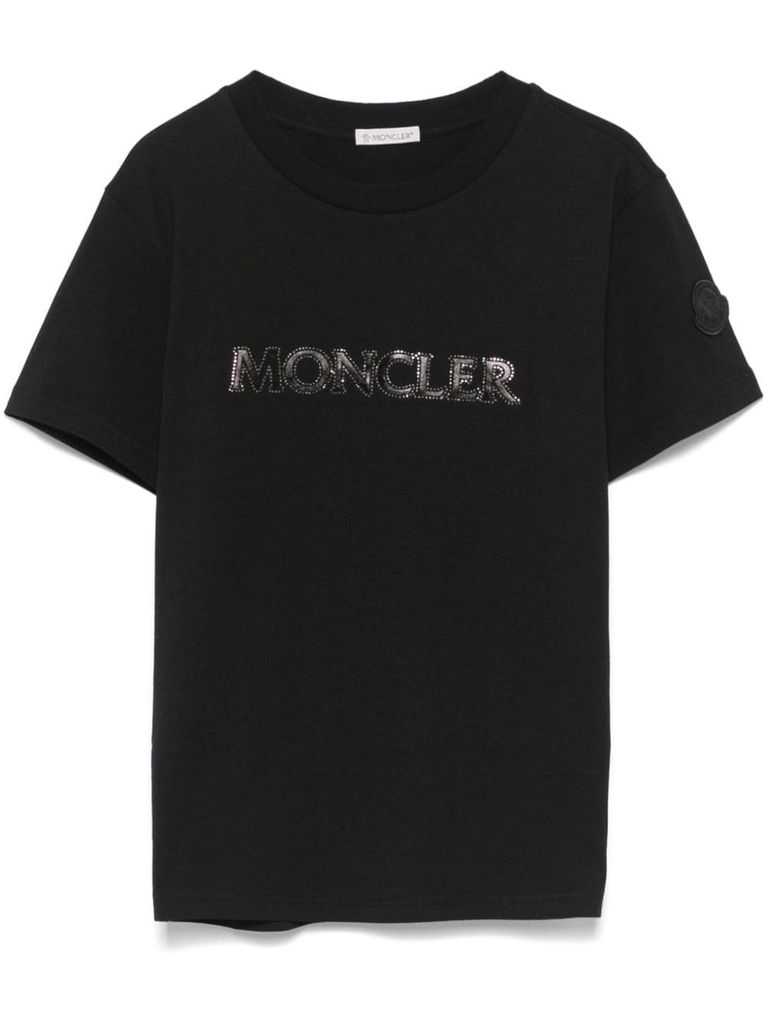 Shop Moncler Cotton T-shirt With Rhinestone Logo In Black