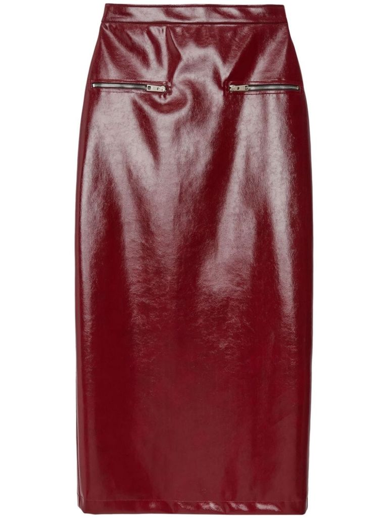 Shop Msgm Long Faux Leather Skirt With Zip In Red