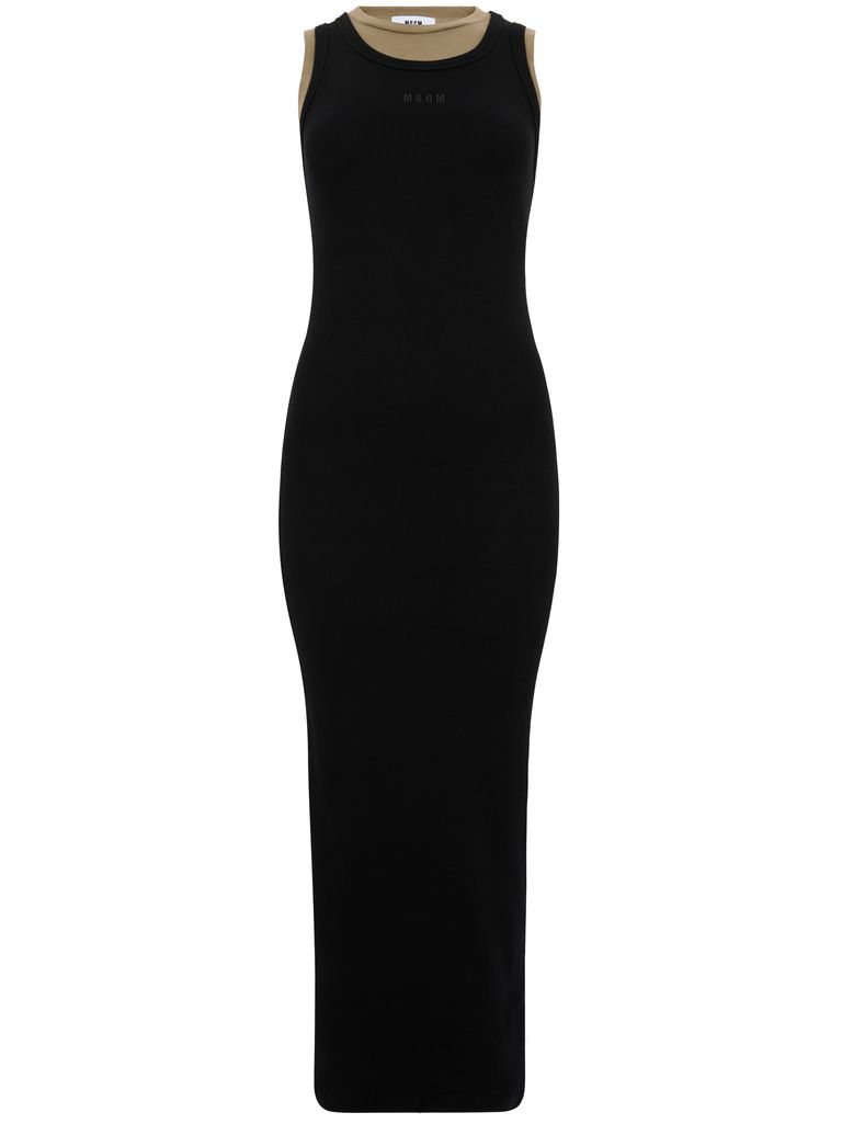 Shop Msgm Long Ribbed Cotton Dress In Black