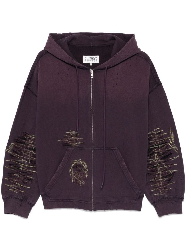 Shop Mm6 Maison Margiela Cotton Sweatshirt With Distressing In Purple