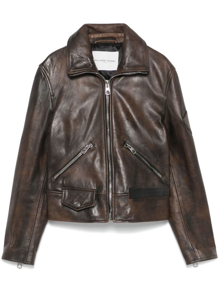 Shop Philippe Model Faded Effect Calf Leather Jacket In Black