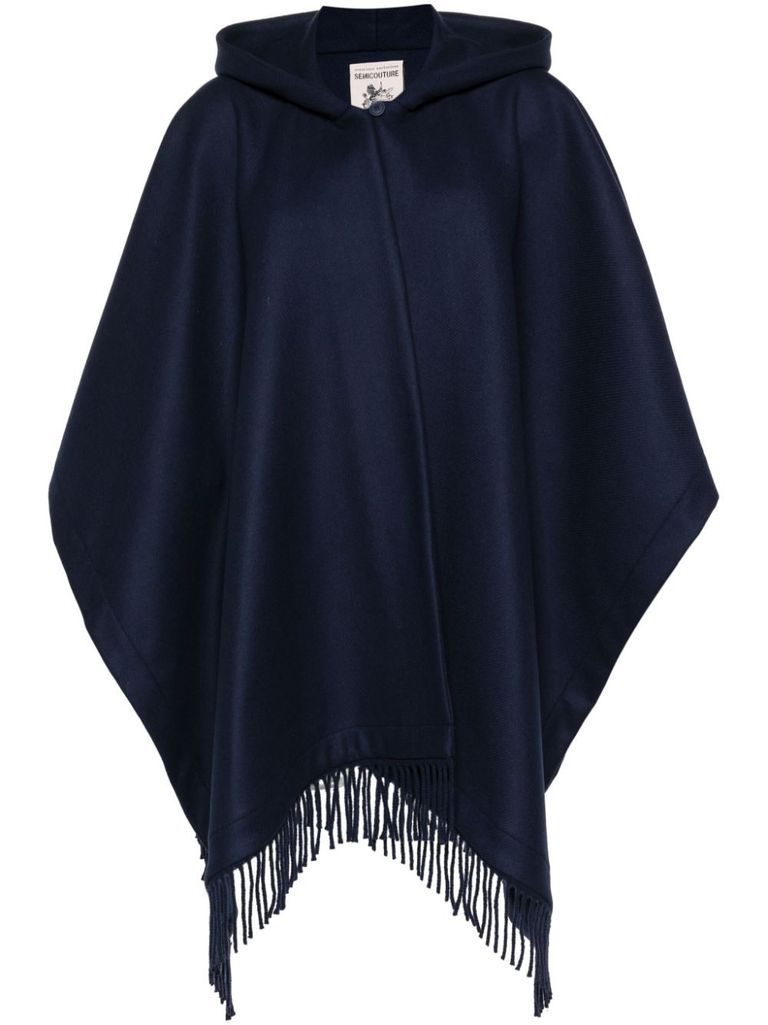 Shop Semi-couture Jane Wool Cape With Fringes In Blue