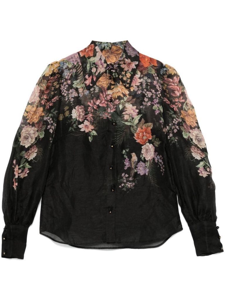 Shop Zimmermann Pavilion  Linen And Silk Blouse With Floral Print In Black