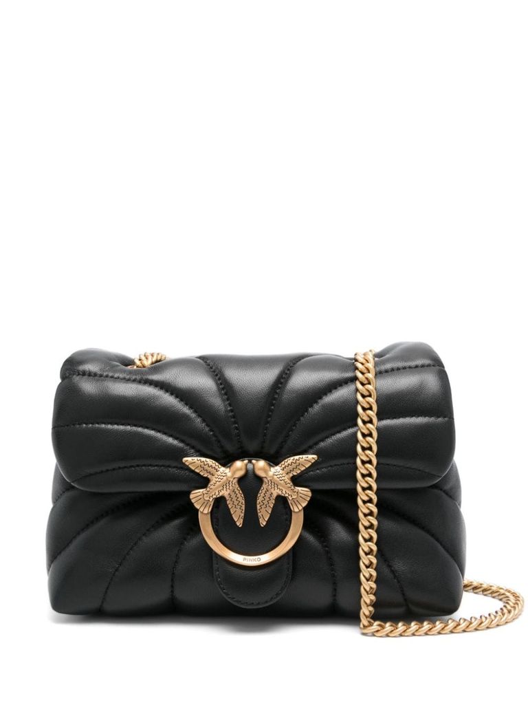 Shop Pinko Leather Quilted Love Puff Mini Crossbody Bag In Black