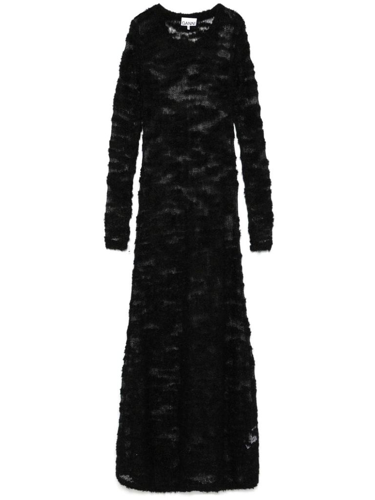 Shop Ganni Long Bouclé Wool Dress In Black