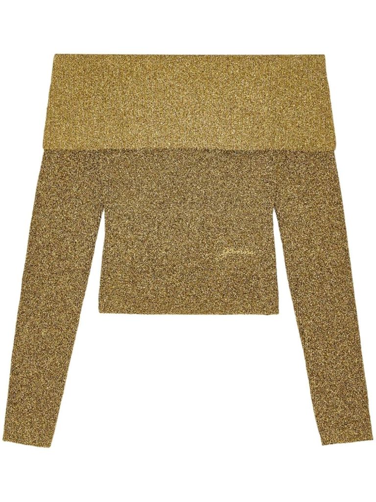 Shop Ganni Crop Sweater With Off-the-shoulder Design In Gold