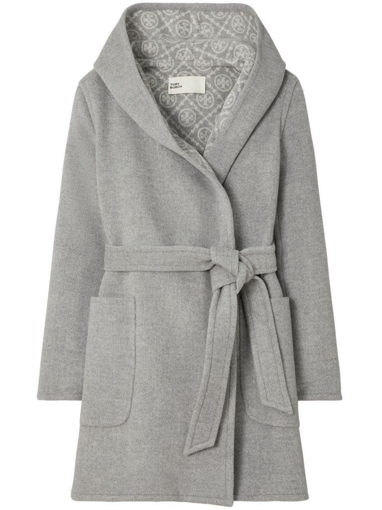 Shop Tory Burch Midi Wool Coat With Monogram In Grey