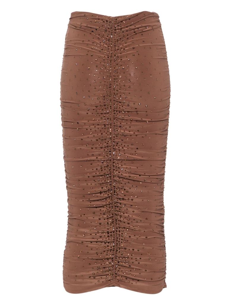 Shop Andreädamo Midi Fitted Skirt With Rhinestones In Brown