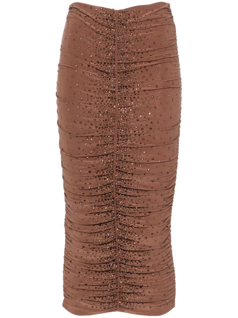 Shop Andreädamo Midi Fitted Skirt With Rhinestones In Brown