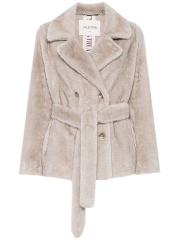 Double-breasted faux fur coat with belt