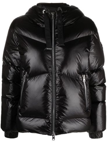 Short black quilted down jacket with hood