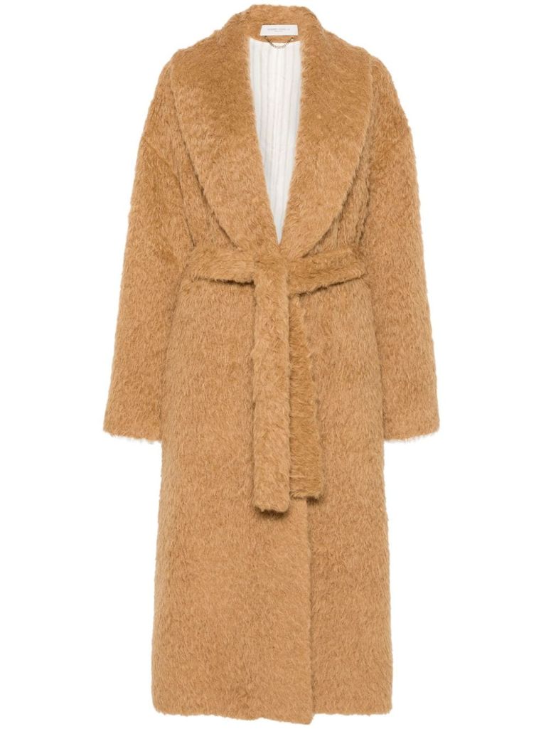 Shop Golden Goose Long Wool Coat With Belt In Brown