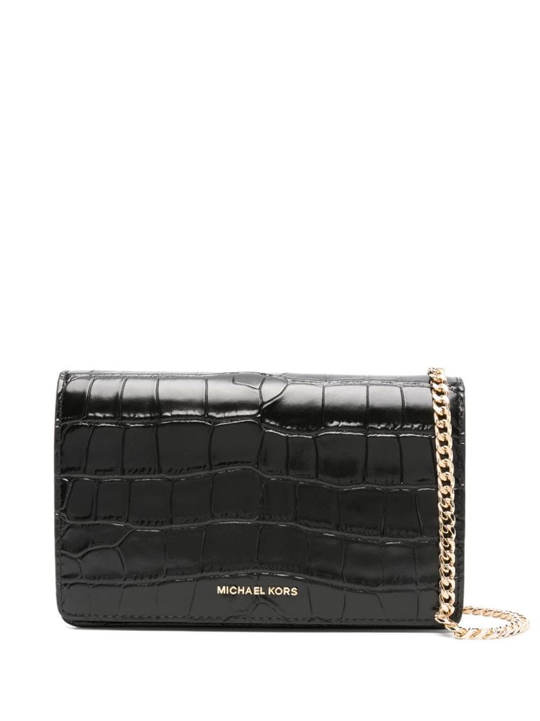 Shop Michael Kors Jet Set Crocodile-effect Leather Crossbody Bag In Black