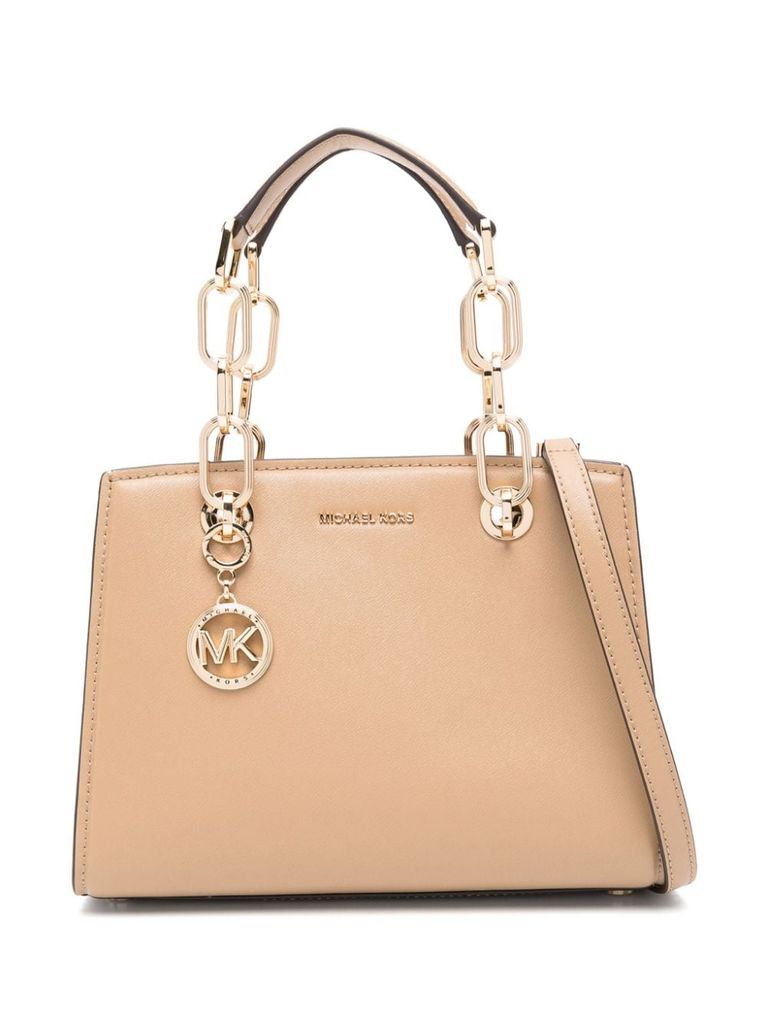 Shop Michael Kors Cynthia Small Tote Bag In Beige Leather