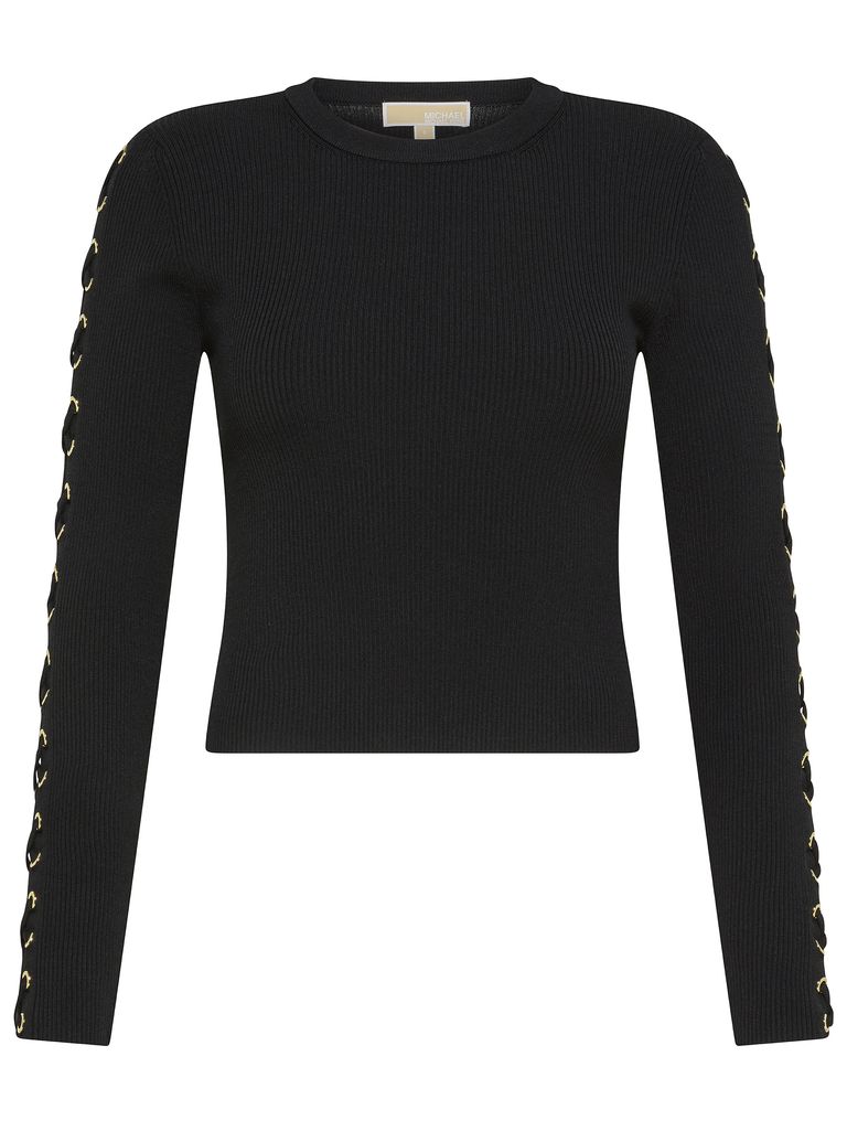 Shop Michael Kors Ribbed Knit Top With Laces In Black