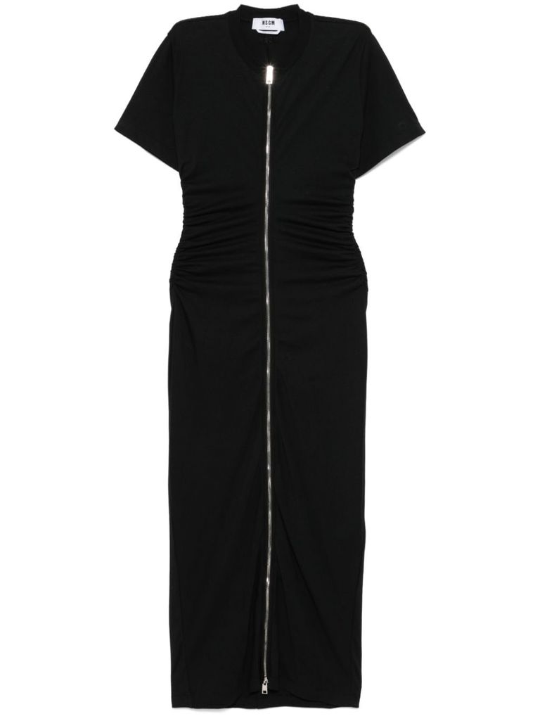 Shop Msgm Long Cotton Dress With Zip In Black