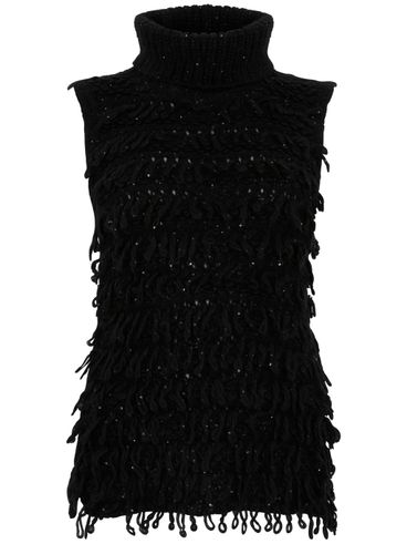 Sleeveless sweater with fringes and sequins