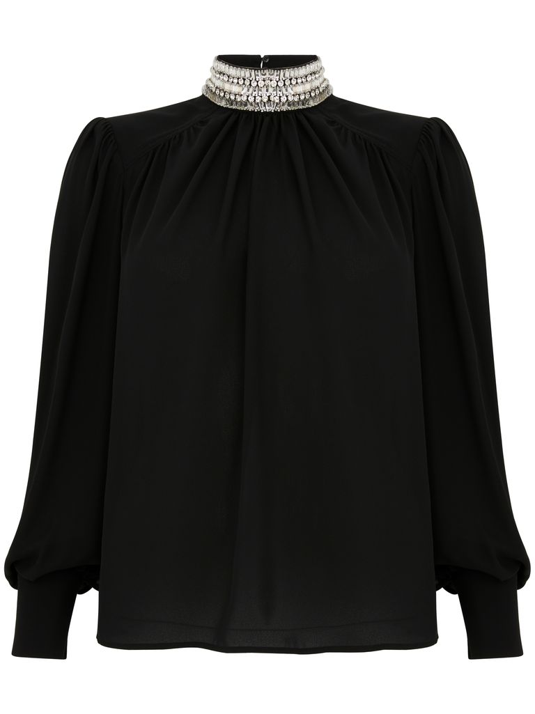 Shop Liu •jo Black Turtleneck Blouse With Rhinestones