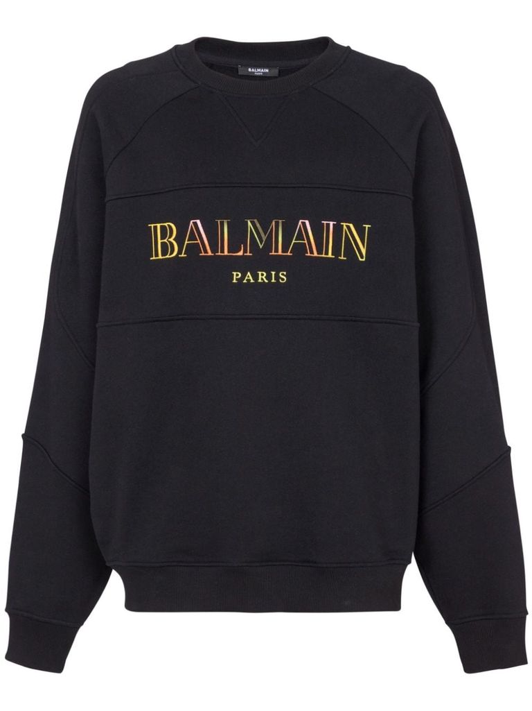 Shop Balmain Crewneck Cotton Sweatshirt With Logo In Black