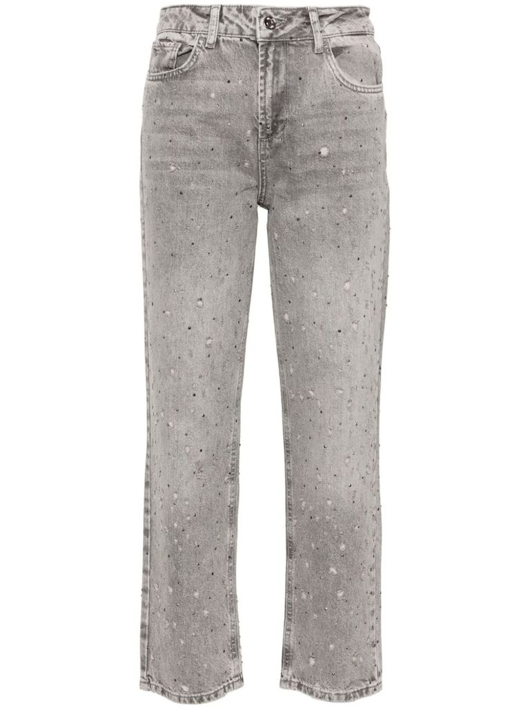 Shop Liu •jo Cotton Jeans With Rhinestones In Grey