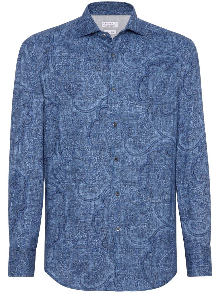 Shop Brunello Cucinelli Cotton Shirt With Print. In Blue